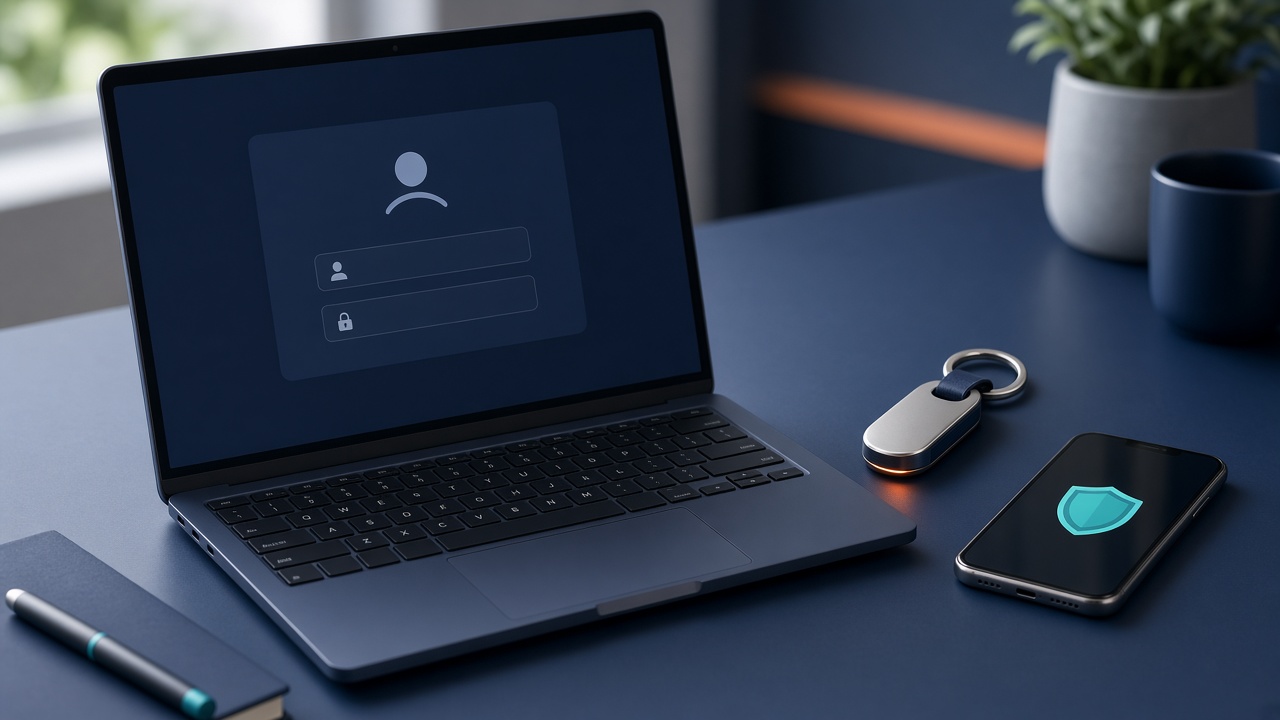 Laptop mit Login-Fenster, Sicherheitsschlüssel und Smartphone mit Schutzsymbol